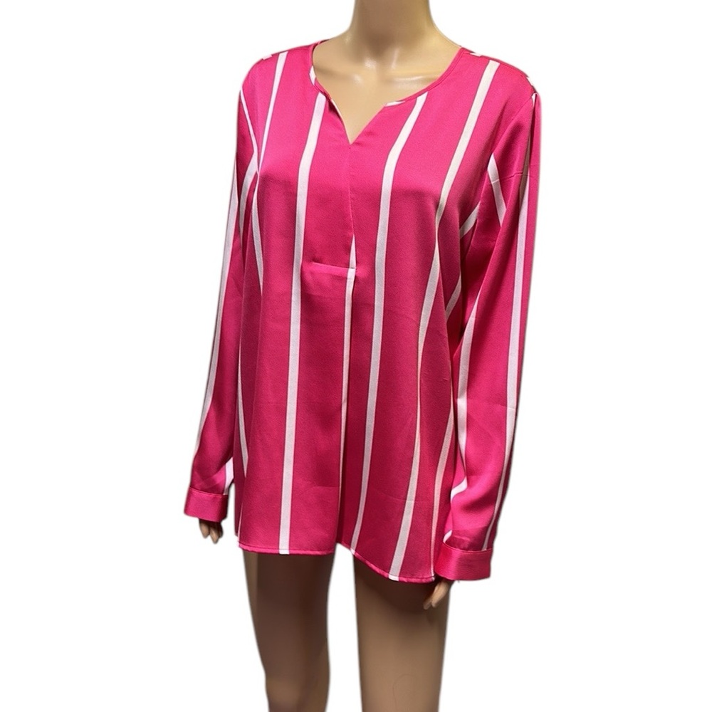 Investments Pink White Striped Satin Long Sleeve Split Neck Blouse Womens Medium